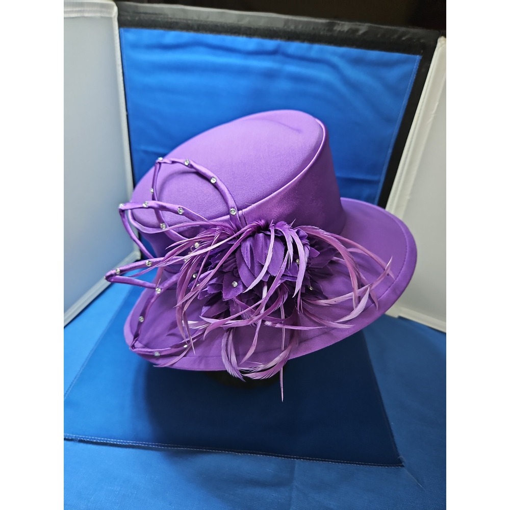 Vintage 80s Church Hat Derby Rhinestones Fascinator Wide Brim Purple